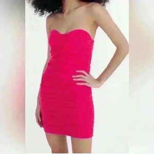 New! Zara Hot Pink Ruched Strapless Minidress Size Large